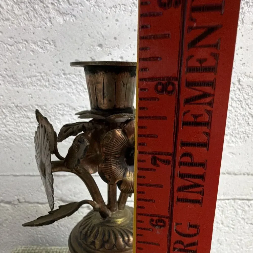 Vintage Brass Copper Candle Holder Mercury Glass Floral Flowers 8” Boho Decor